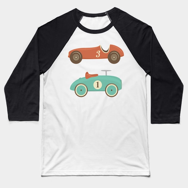 Retro toy racing cars with numbers one and three Baseball T-Shirt by TinyFlowerArt